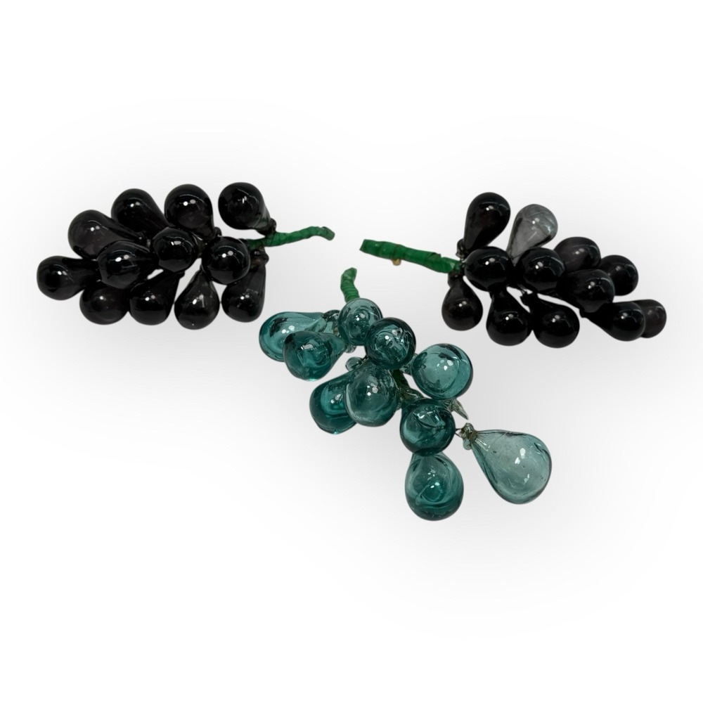 (3) Bunches of Hand Blown Art Glass Grape Clusters Dark Purple & Teal VTG MCM